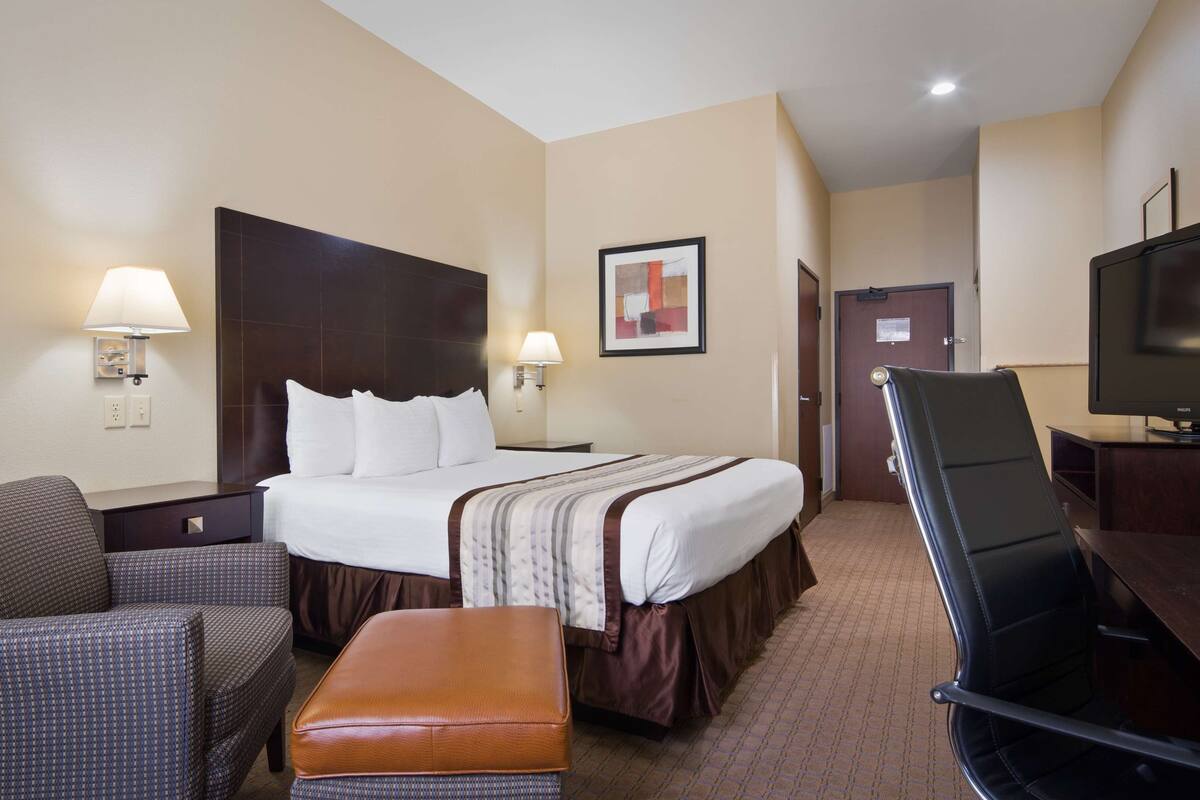 A hotel room with a large bed, two bedside tables, a desk with a chair, a television, and a framed picture on the wall.
