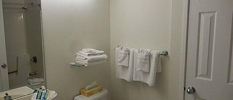 A small, clean bathroom with a sink, mirror, toilet, and towel rack.