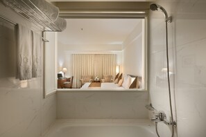 Separate bathtub and shower, free toiletries, hair dryer, bathrobes