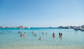 On the beach, sun-loungers, beach umbrellas, beach towels