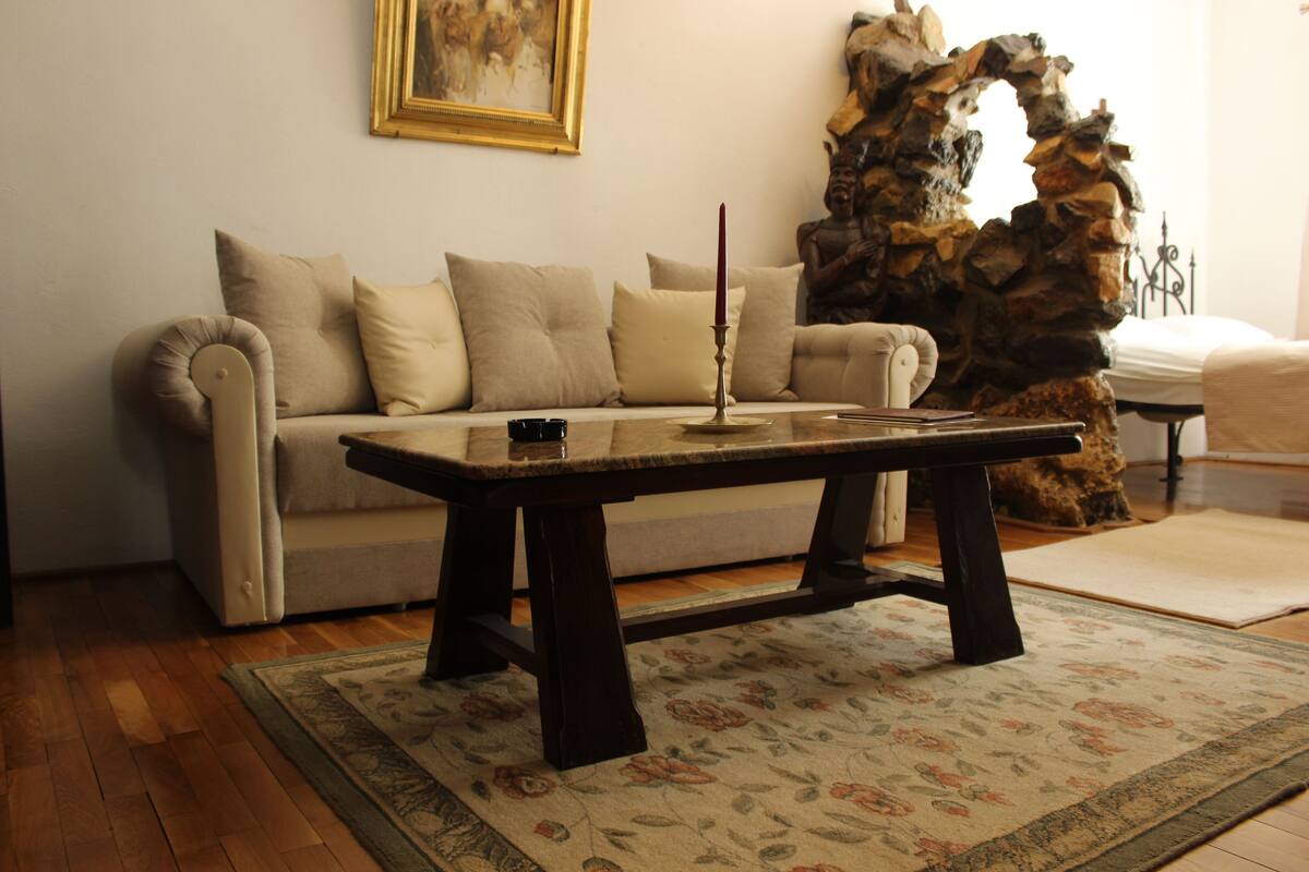 A living room with a sofa, a coffee table, a rug, and a decorative rock structure.