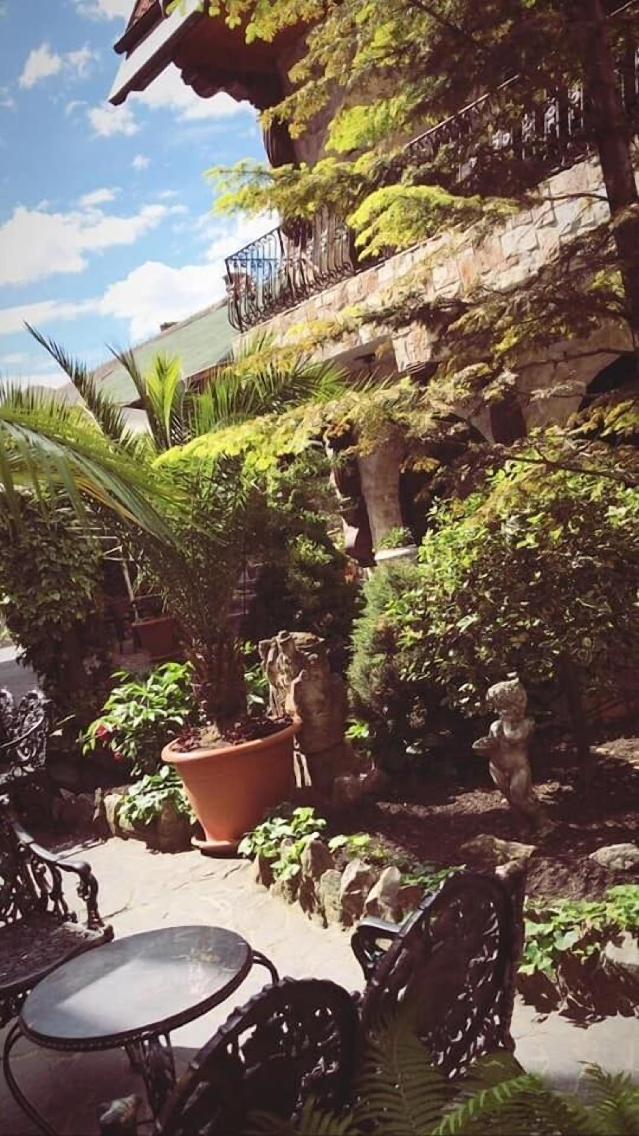 A patio area with outdoor furniture, potted plants, and a stone wall.