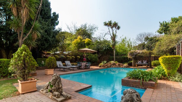 Ein Pool mit einer Löwenstatue, umgeben von Blumentöpfen und einer Terrasse mit Liegestühlen.