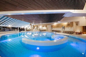 Indoor pool, outdoor pool, pool loungers
