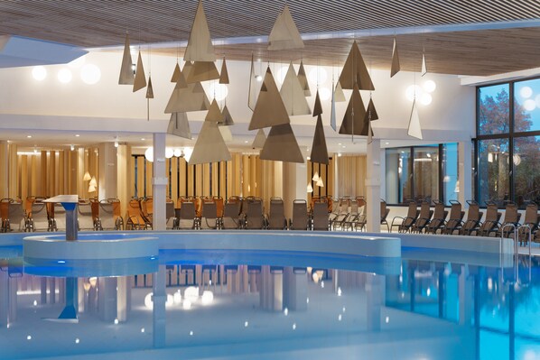 Indoor pool, outdoor pool, pool loungers