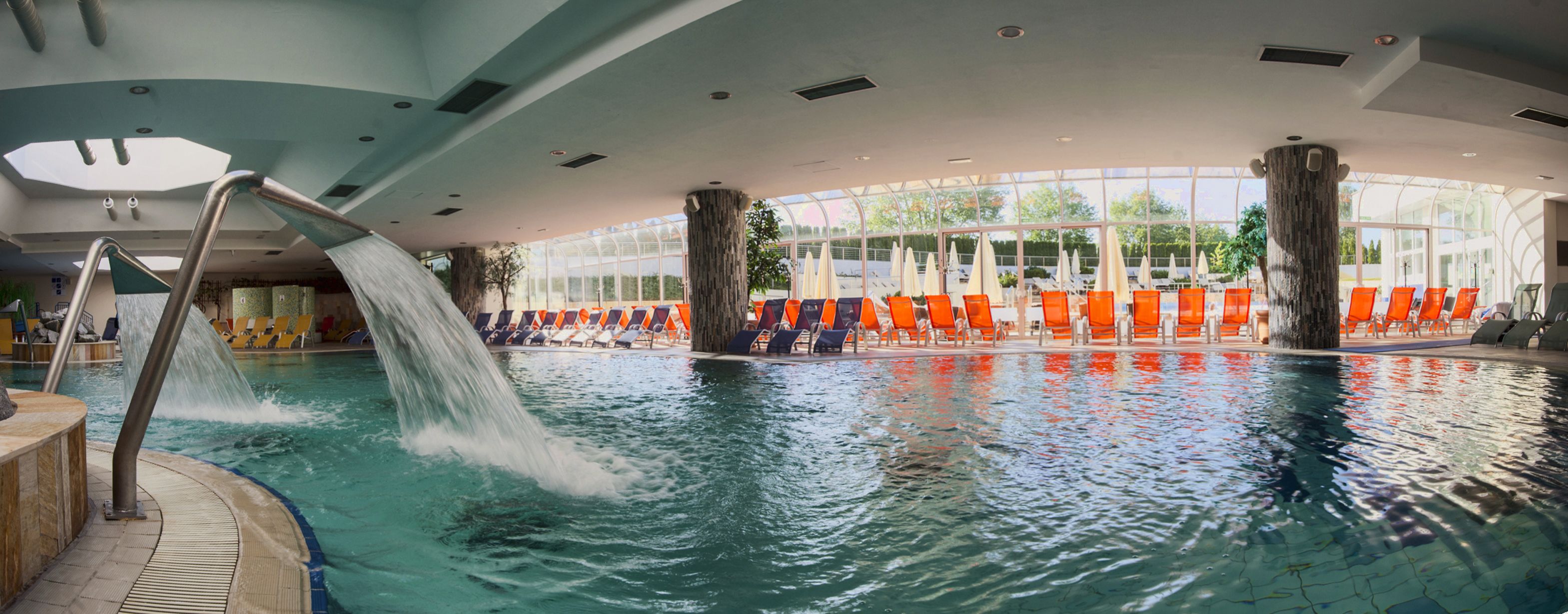 indoor pool, outdoor pool, pool umbrellas, pool loungers