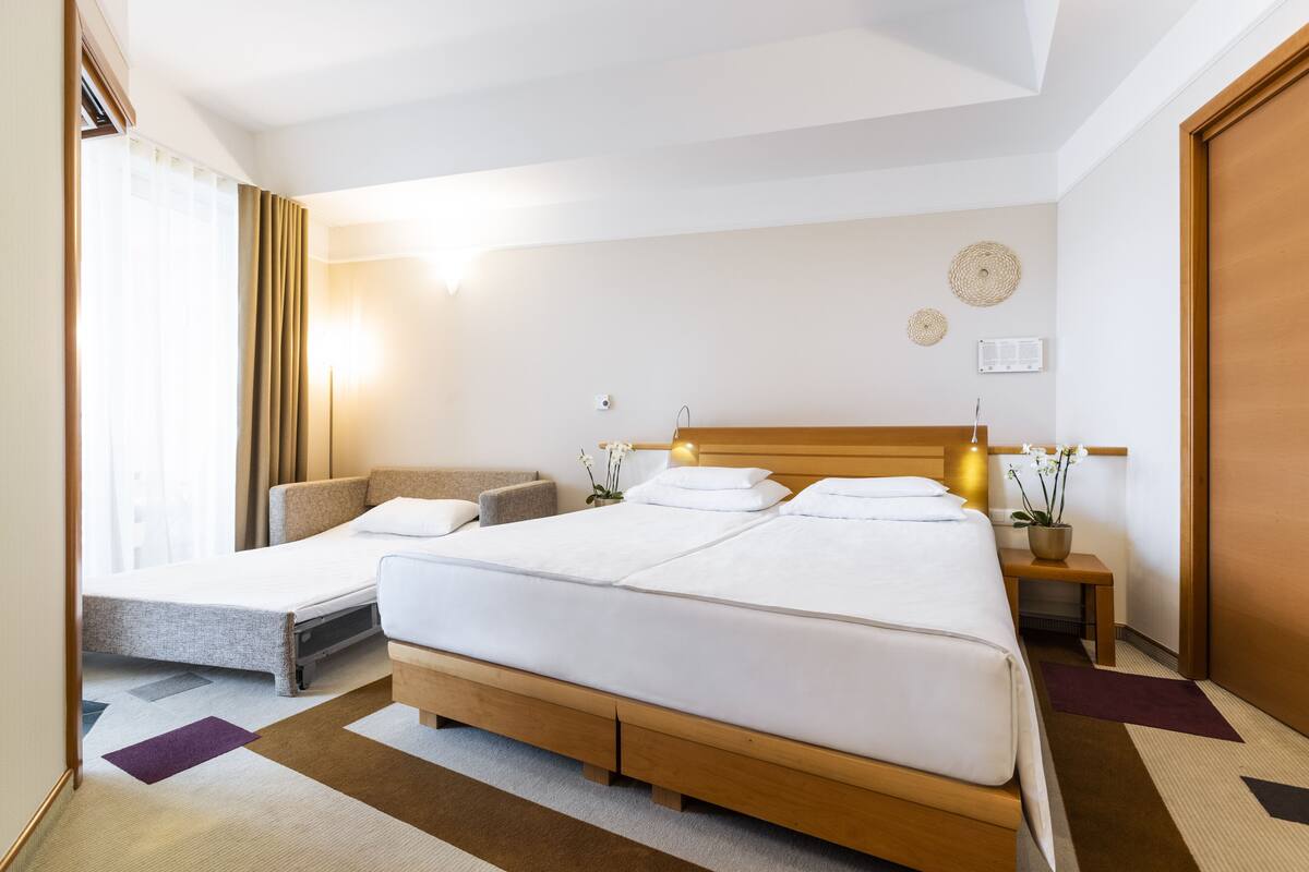 Une chambre d’hôtel avec un grand lit, un canapé-lit, une table de chevet avec une lampe et une petite plante en pot.