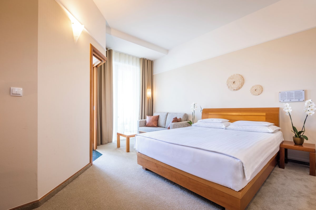 Une chambre d’hôtel avec un grand lit, un canapé, une petite table et un climatiseur fixé au mur.
