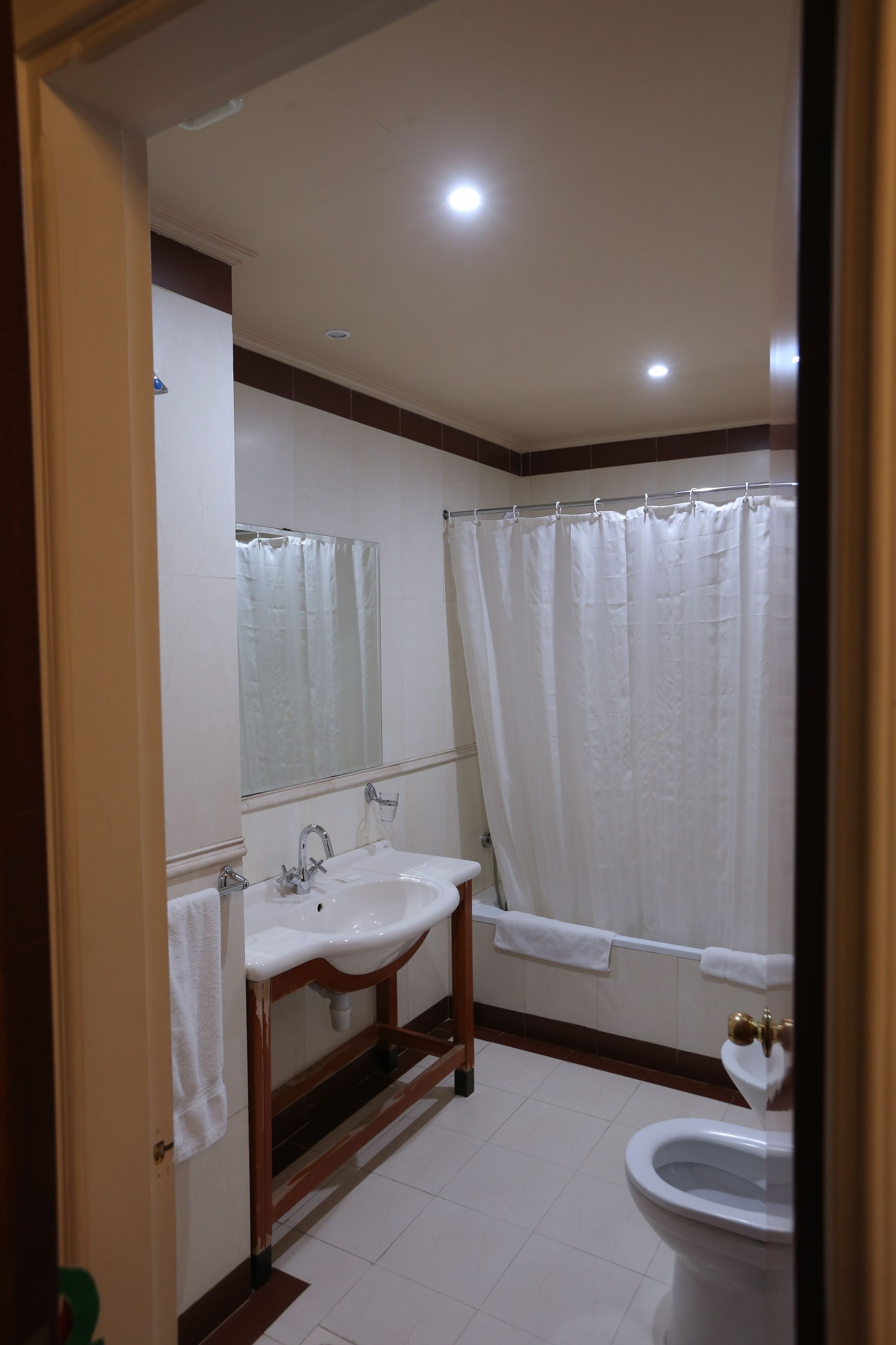 hair dryer, slippers, bidet, towels