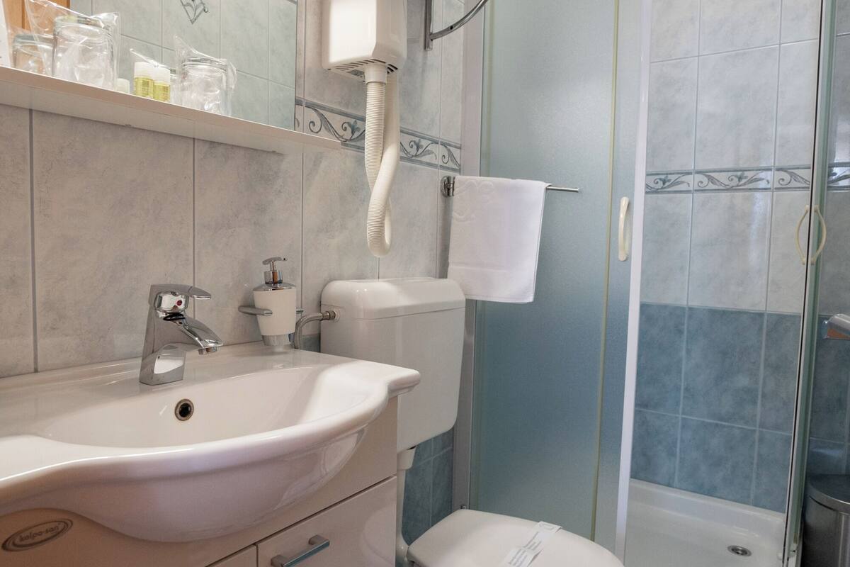 standard double room | bathroom | shower, free toiletries, hair dryer, slippers