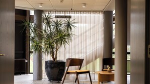 Un área de recepción con una planta en maceta, una silla de madera y una pequeña mesa con un florero.