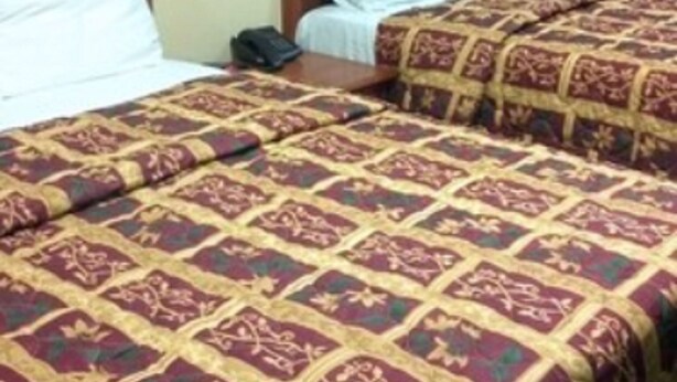 Una habitación de hotel con dos camas, cada una con una colcha estampada, una mesita de noche y una lámpara fijada a la pared.