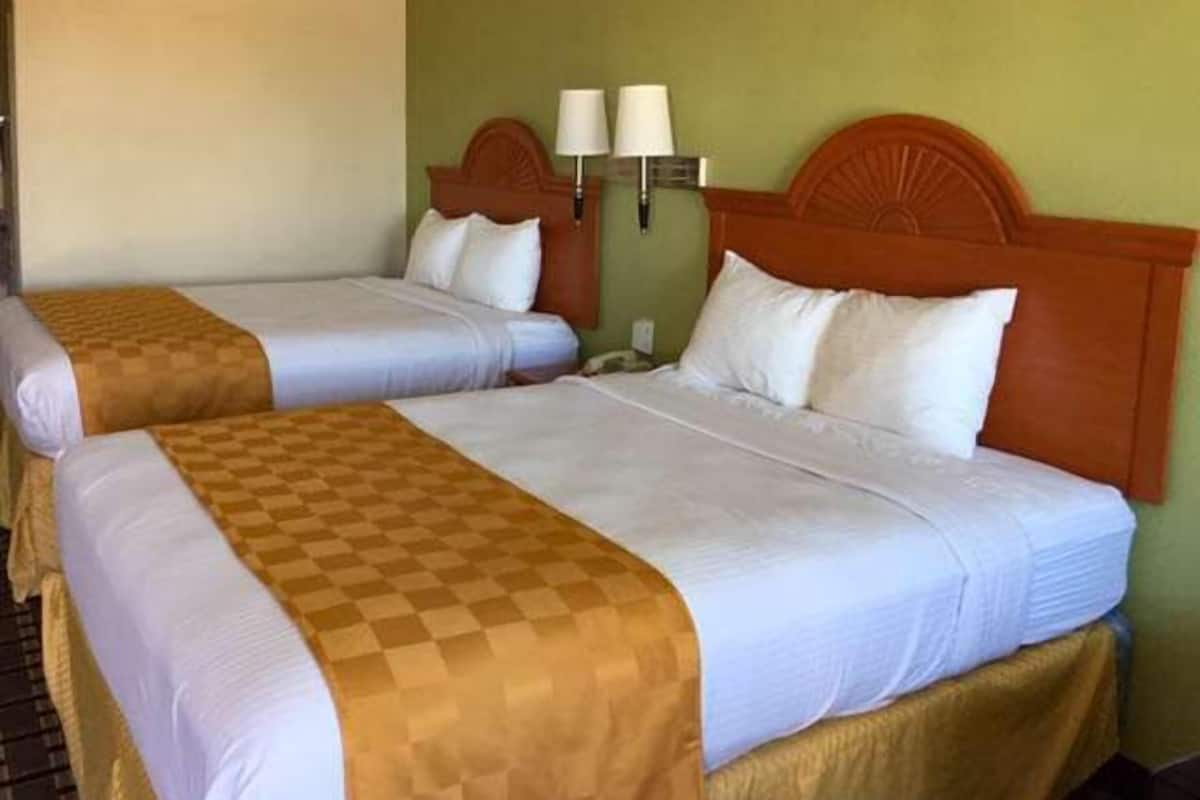 A hotel room with two beds, each with a checkered blanket and white linens.