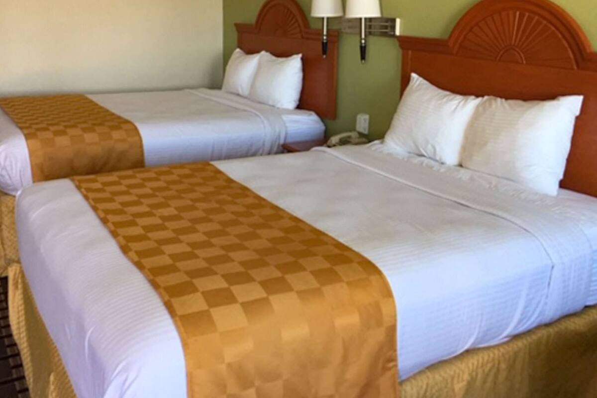 Two double beds with checkered bedspreads, a wooden headboard, and wall-mounted lamps.