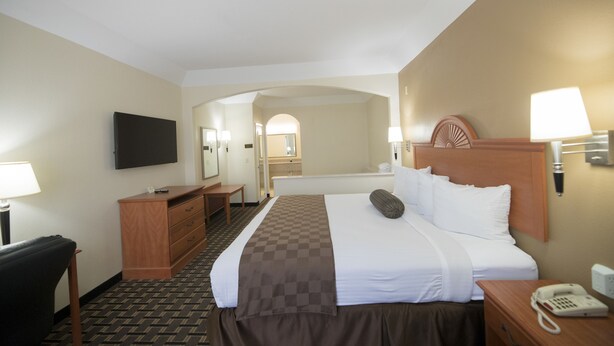 A hotel room with a bed, a desk, a chair, a television, and a telephone. - Motel 6 Tyler, TX (Tyler)