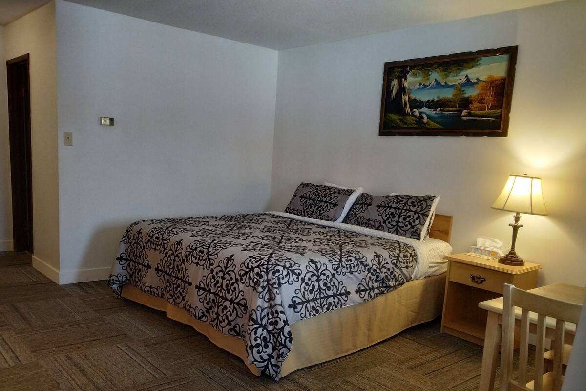 A neatly made bed with patterned bedding, a bedside table with a lamp, and a painting on the wall.