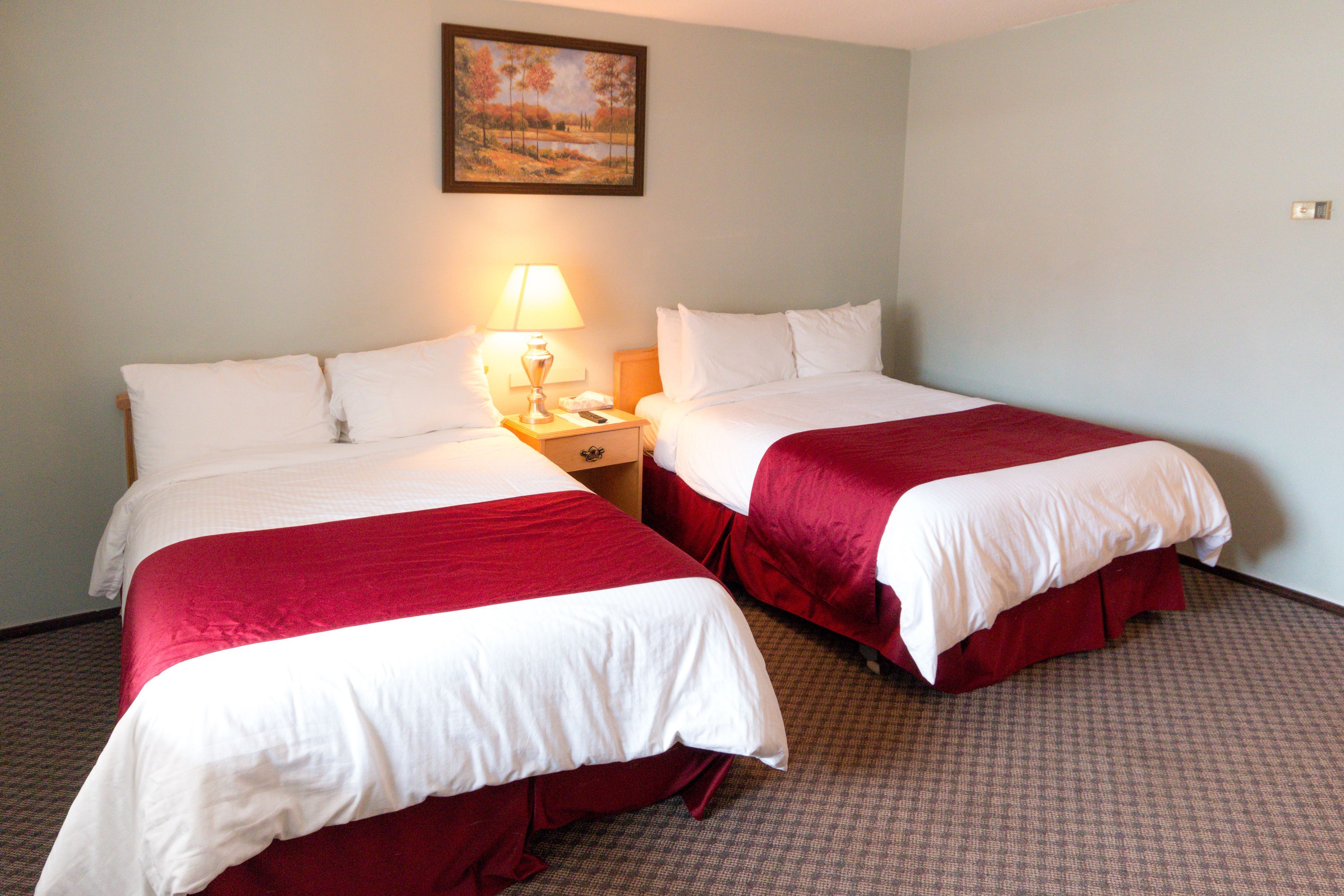 Quarto de hotel com duas camas, uma mesa de cabeceira com abajur e um quadro na parede.