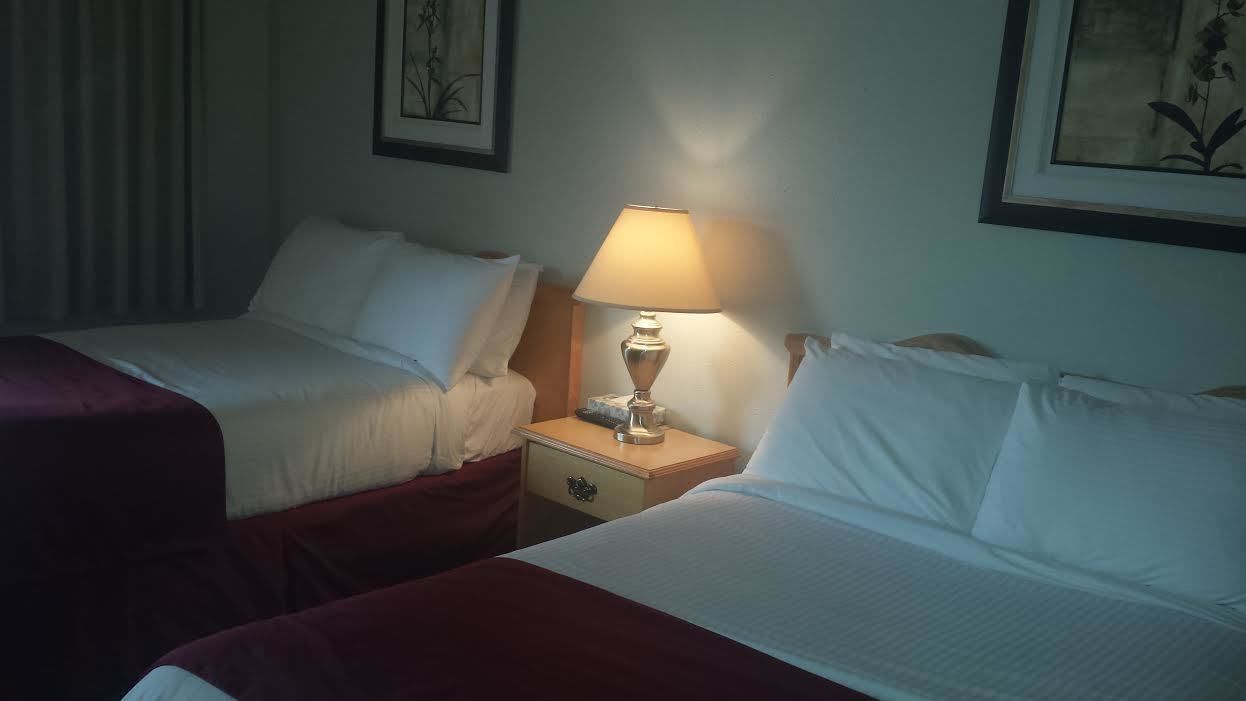 Habitación de hotel con dos camas, una mesita de noche con lámpara y obras de arte en las paredes.