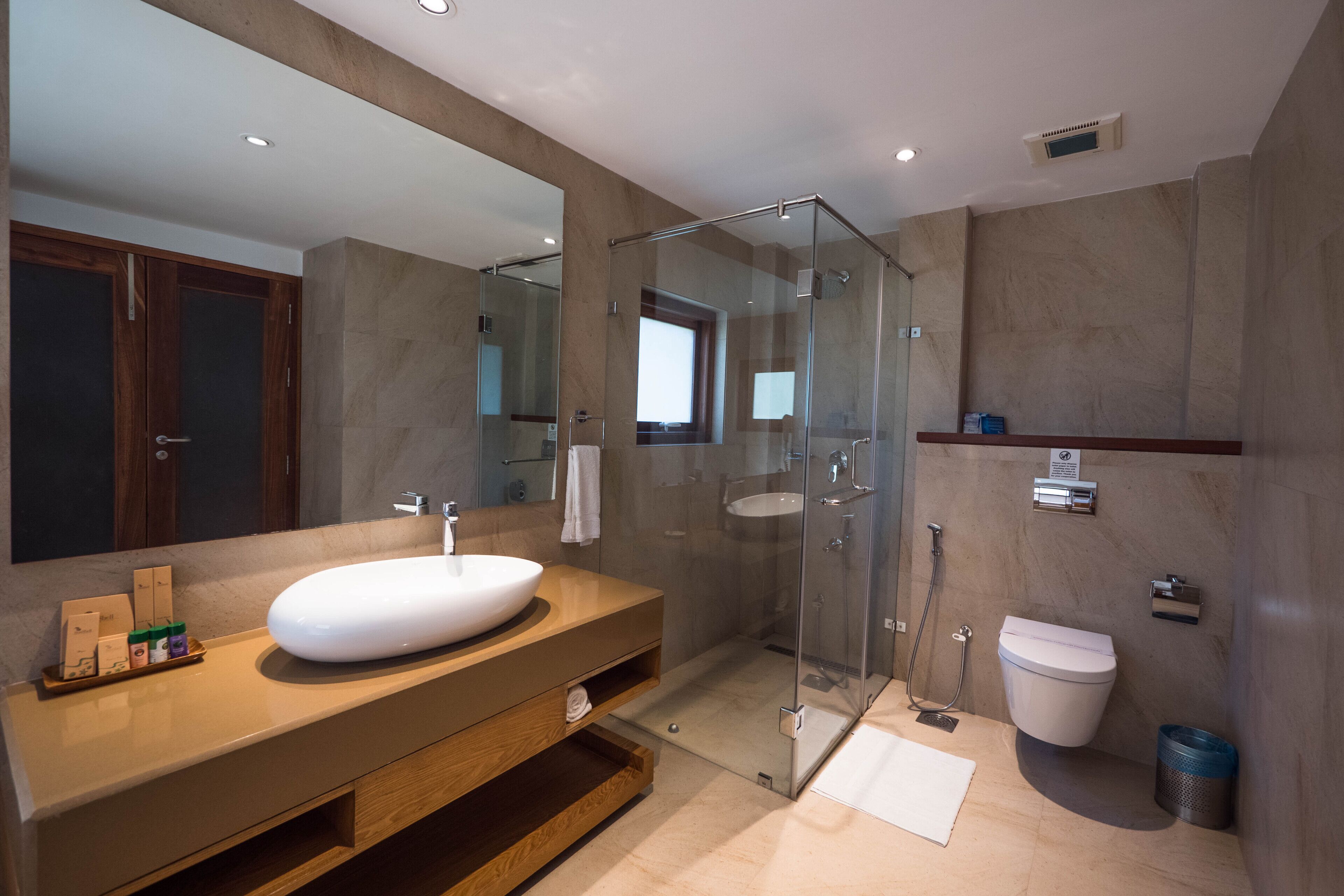Une salle de bain moderne avec une douche à parois de verre, un grand lavabo et des toilettes.