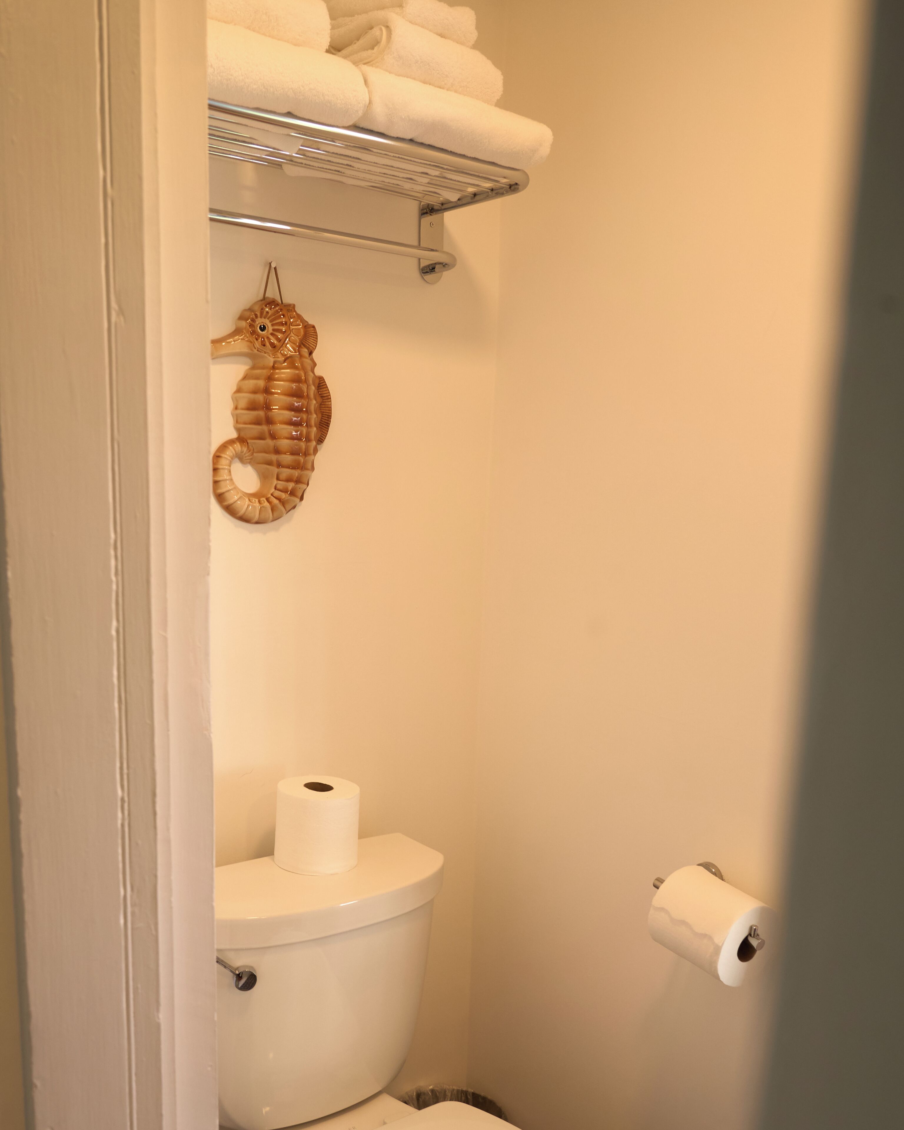 A bathroom with a toilet, a towel rack, and a toilet paper holder.