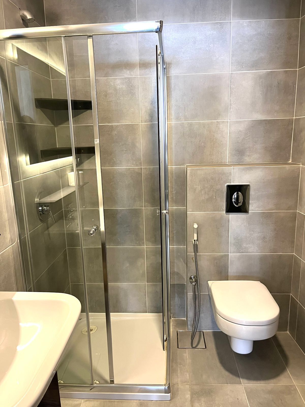 A modern bathroom with a glass-enclosed shower, a toilet, and a sink.