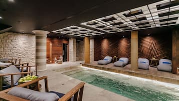 Indoor pool, outdoor pool, open 9:00 AM to 10:00 PM, pool loungers