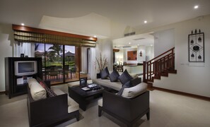 Villa, 4 Bedrooms, Private Pool, Lagoon View | Living area | 33-inch LCD TV with cable channels, TV, DVD player