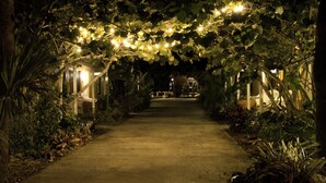A pathway leading to a building with a covered entrance, surrounded by greenery and illuminated by string lights.