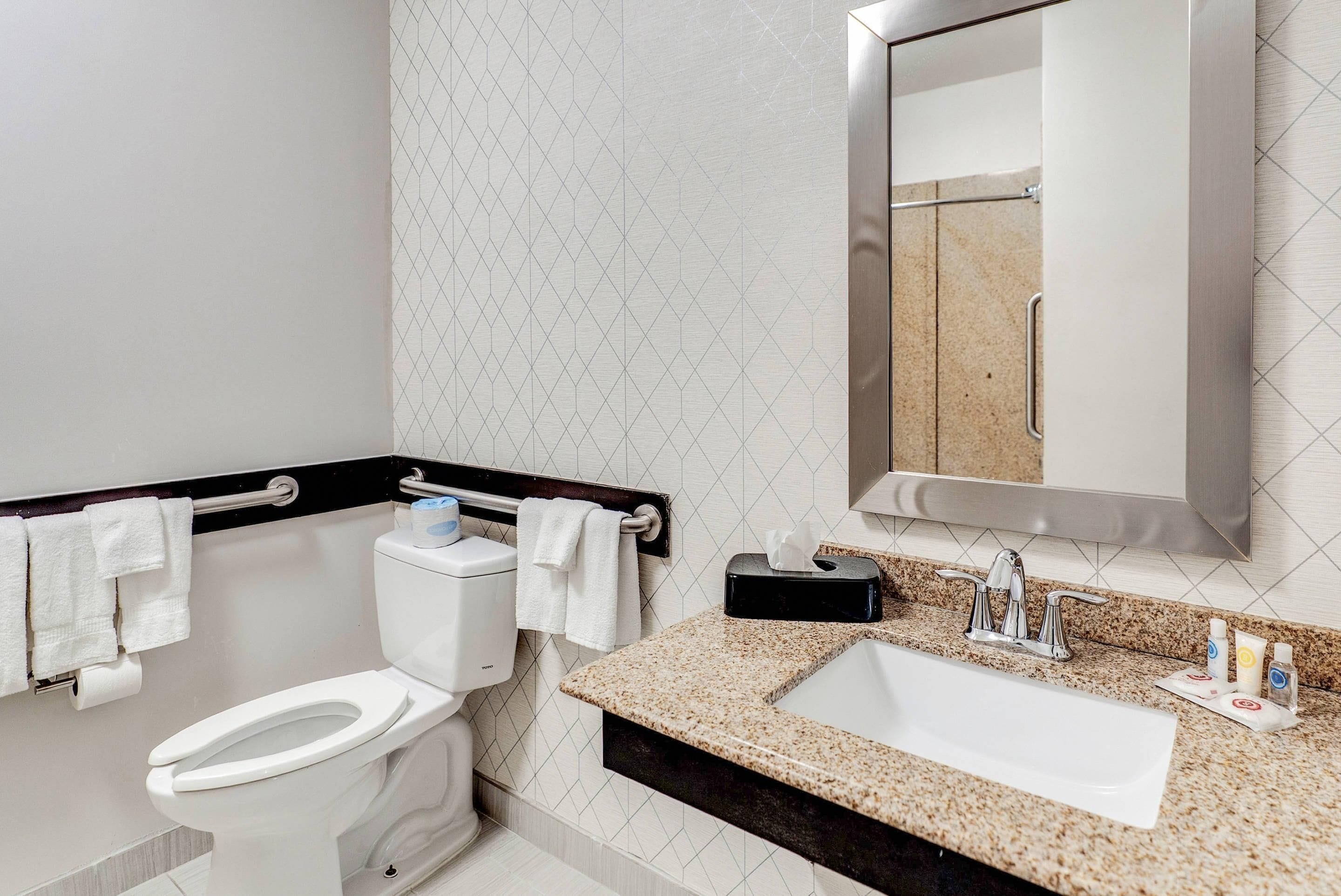 A modern bathroom with a toilet, sink, and mirror.