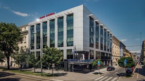A modern hotel building with a prominent sign reading "HOTEL CENTRAL". - Hotel Central (Zagreb)