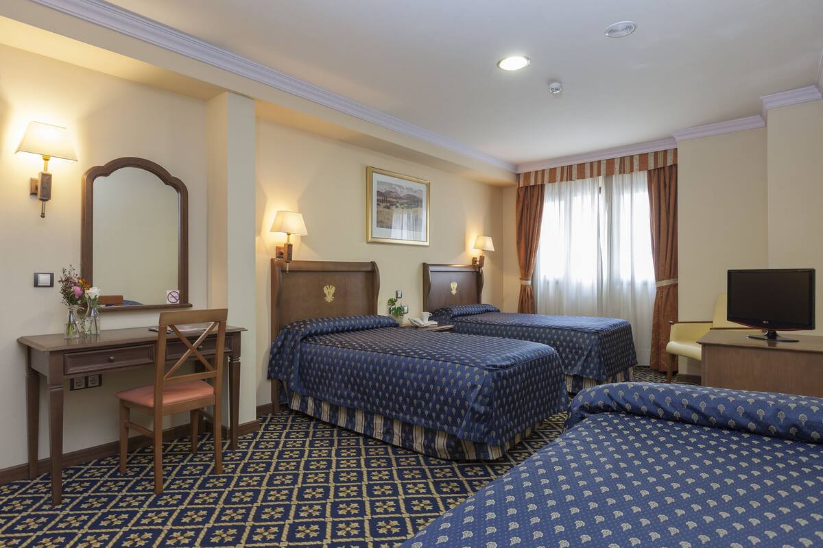 Een hotelkamer met twee bedden, een bureau, een stoel, een televisie en een raam met gordijnen.