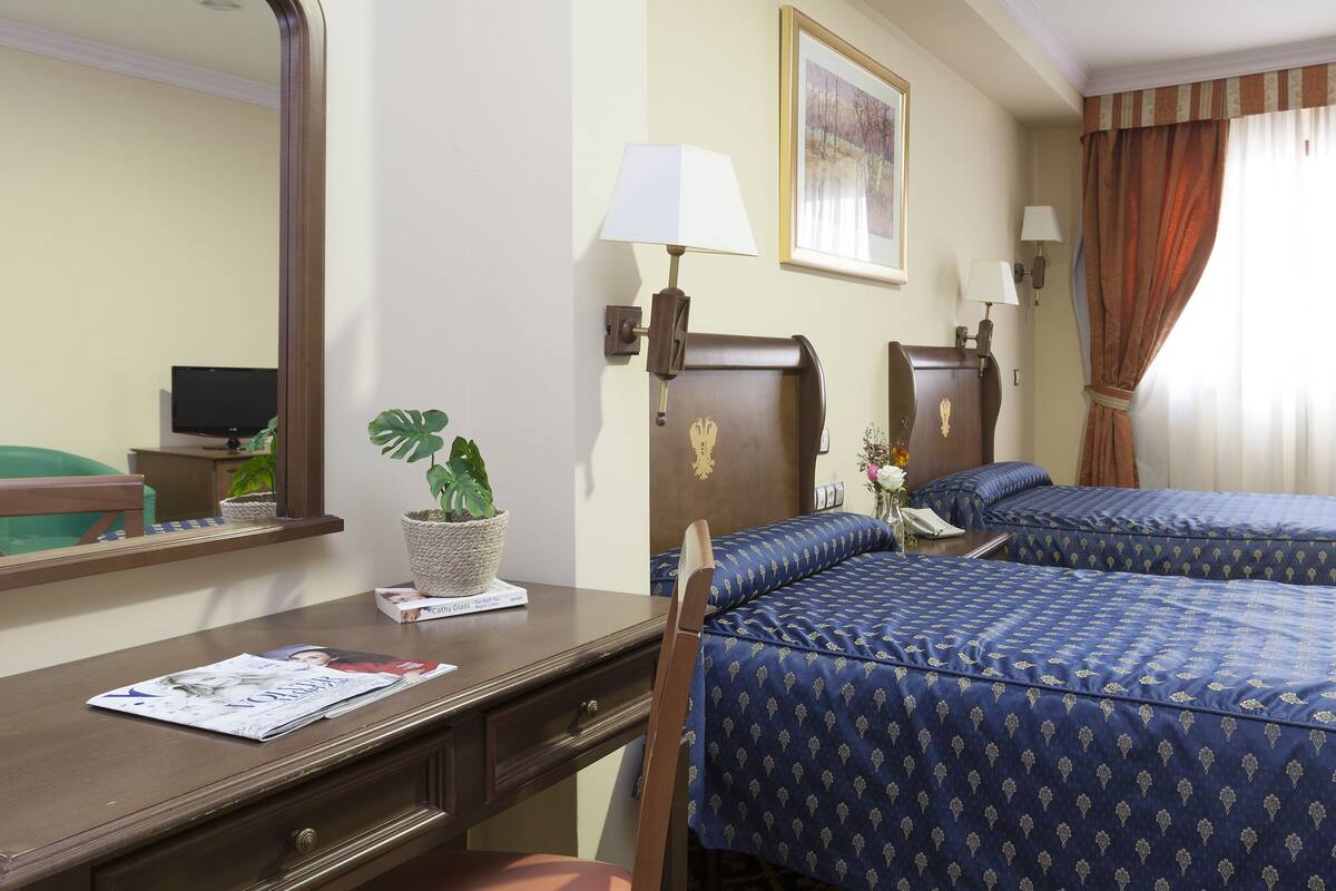Een hotelkamer met twee bedden, een bureau met stoel, een televisie, een plant en een raam met gordijnen.