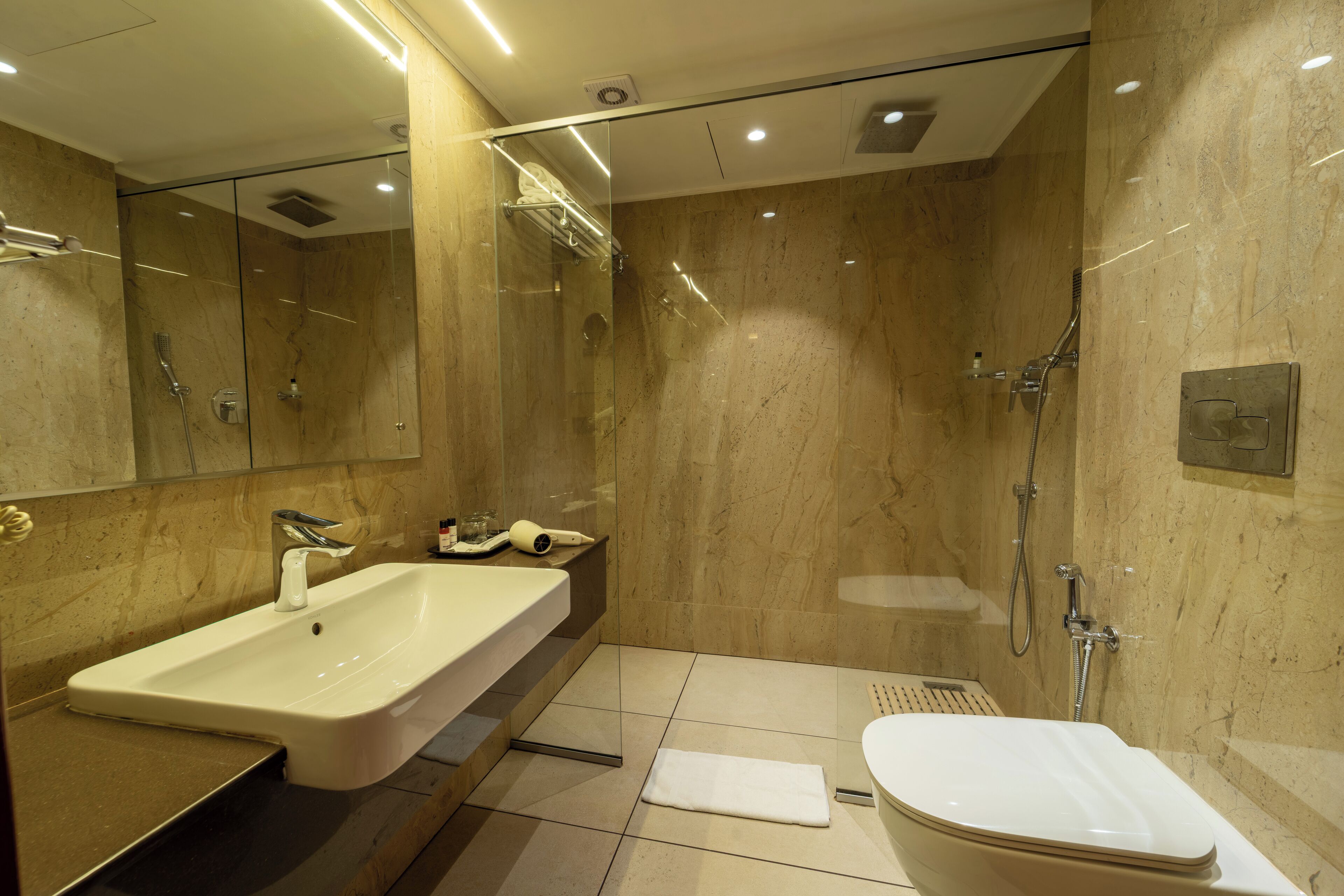 A modern bathroom with a large sink, a separate shower area, and a toilet.