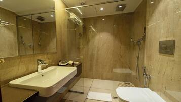 A modern bathroom with a large sink, a separate shower area, and a toilet.