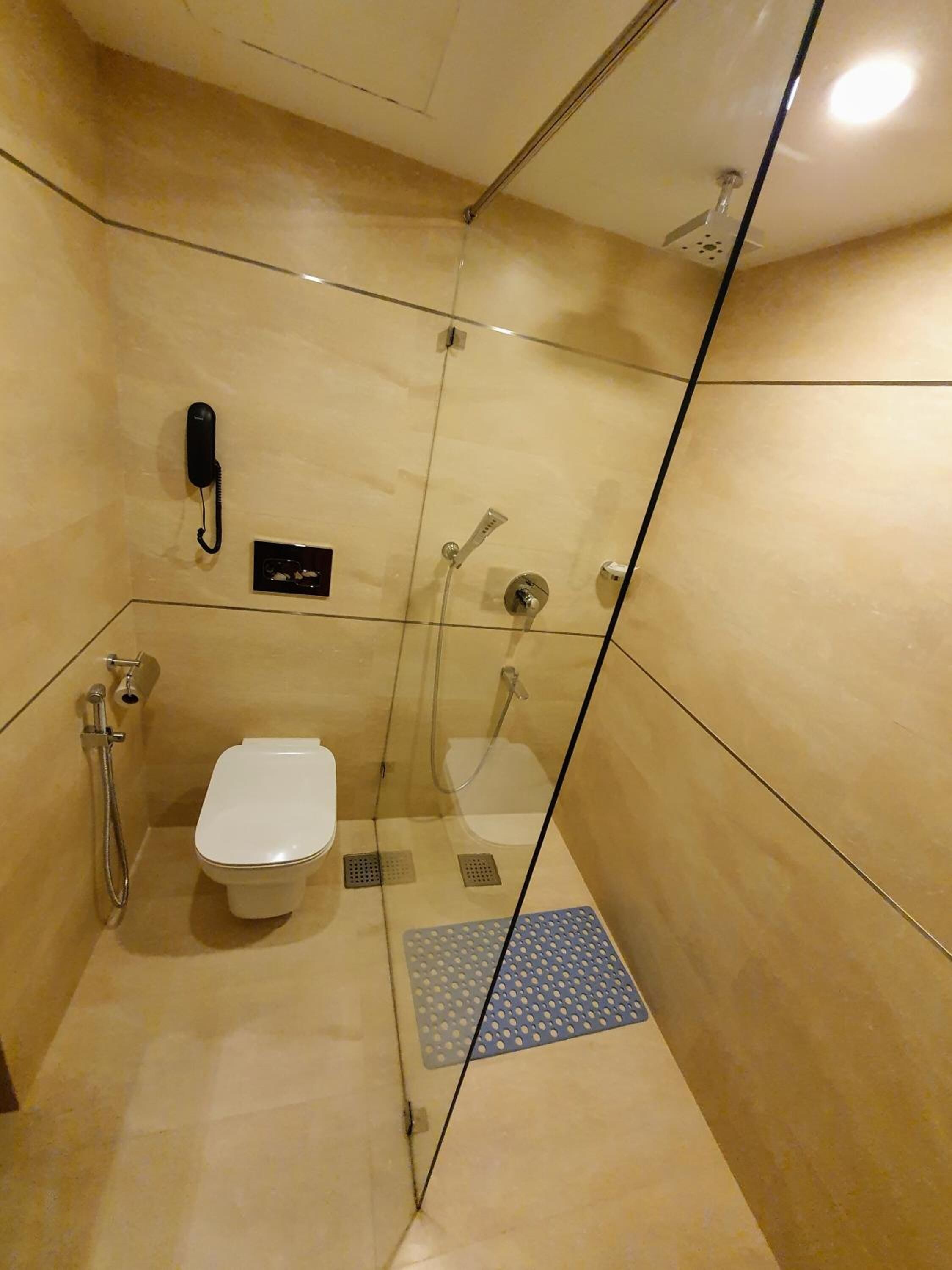 A small, modern bathroom with a glass partition, a toilet, a shower, and a telephone.