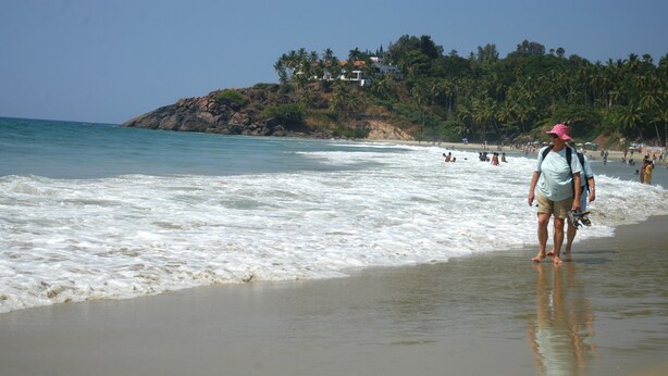 A beach with waves, people, and a hill with buildings and trees. - Hotel Marine Palace (Neyyattinkara)