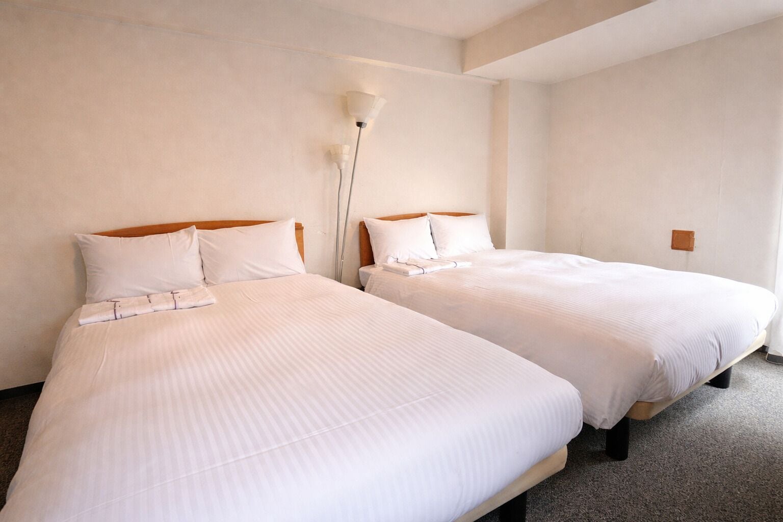 Two single beds with white bedding, a wall-mounted light fixture, and a plain wall.