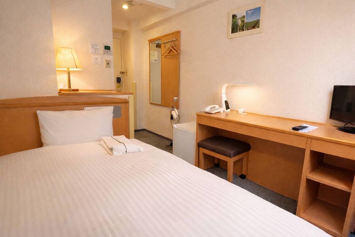 Une chambre d’hôtel avec un lit, un bureau, une chaise, une télévision et un miroir.
