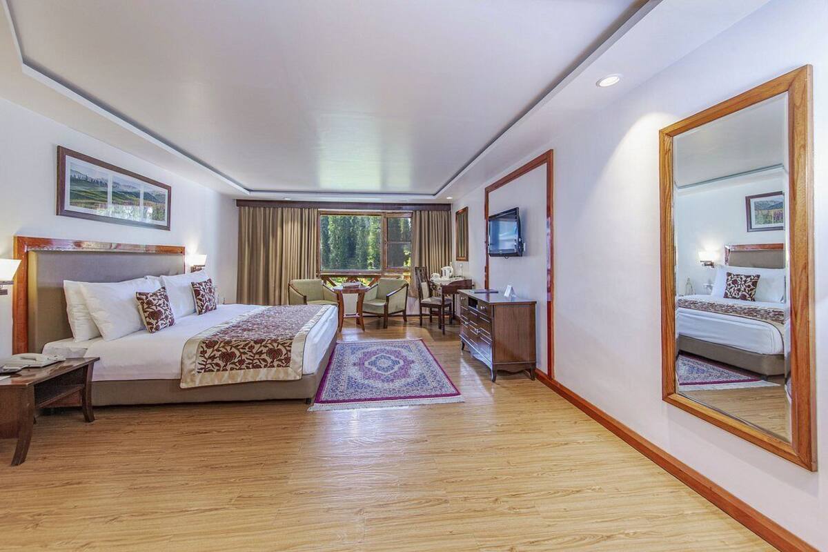 A hotel room with a large bed, a desk, a chair, a television, and a large mirror.