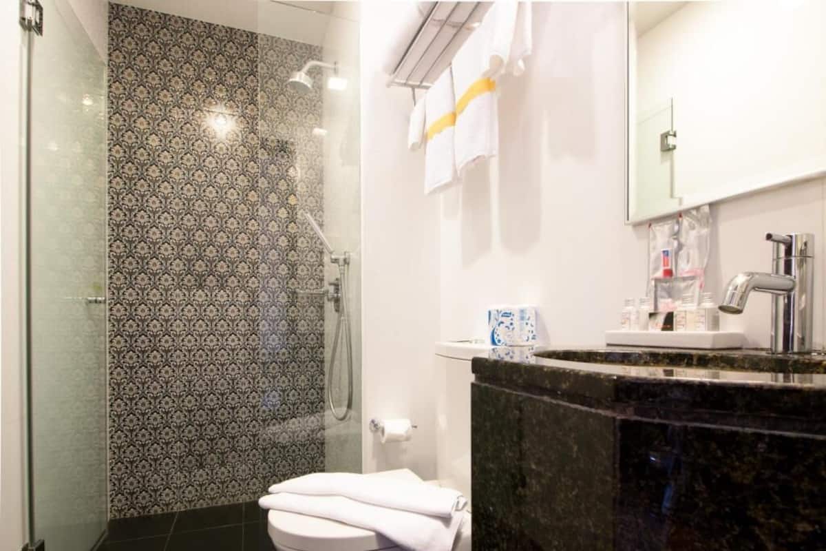 Shower, free toiletries, hair dryer, towels