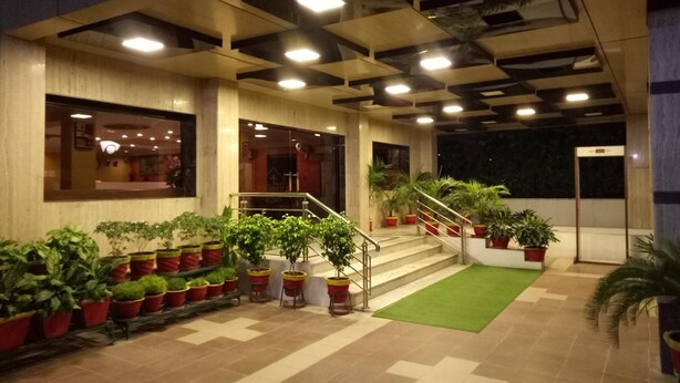 Un vestíbulo con una escalera, plantas en macetas y una alfombra verde.