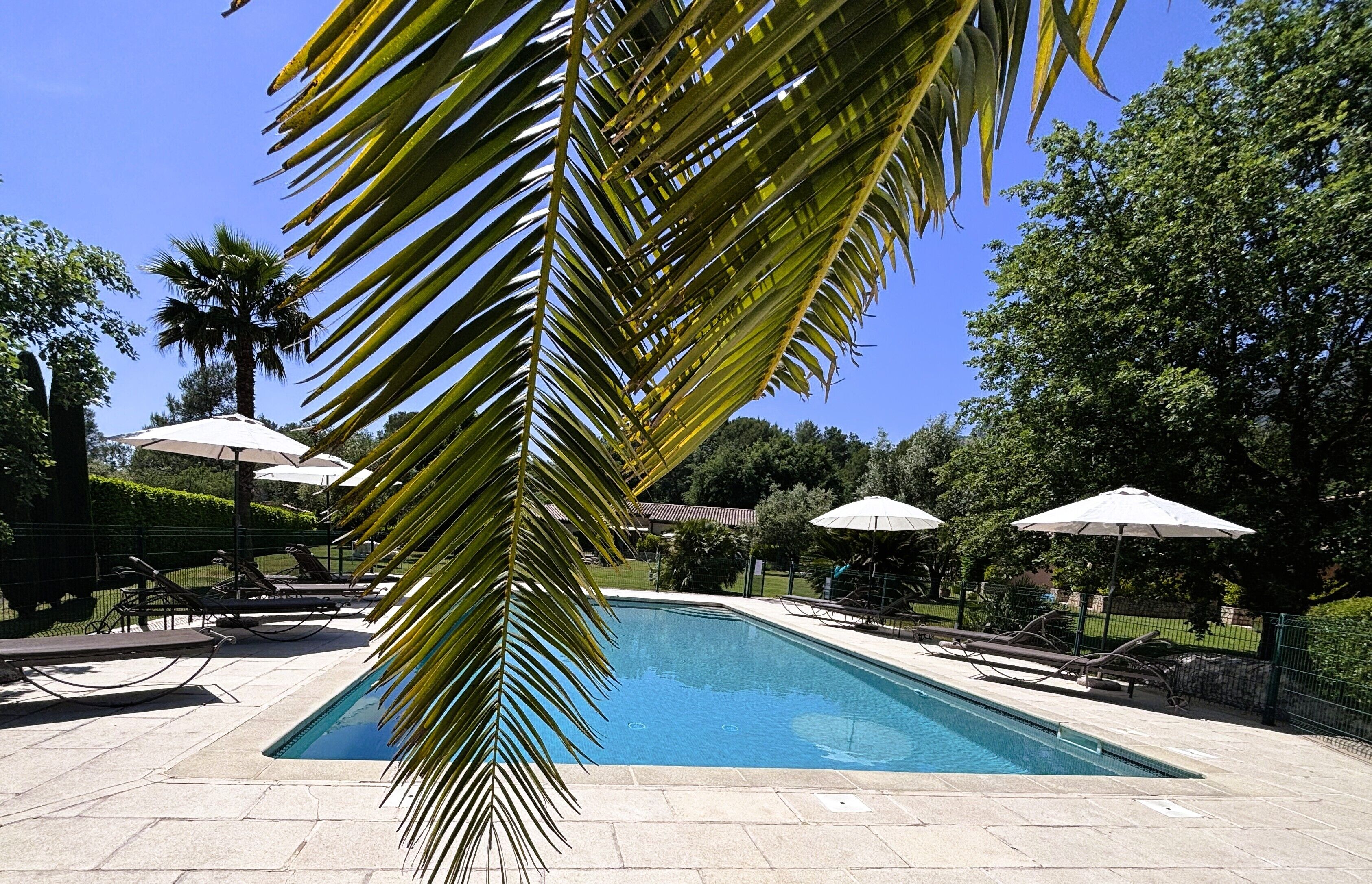 Piscina all'aperto, ombrelloni da piscina, lettini