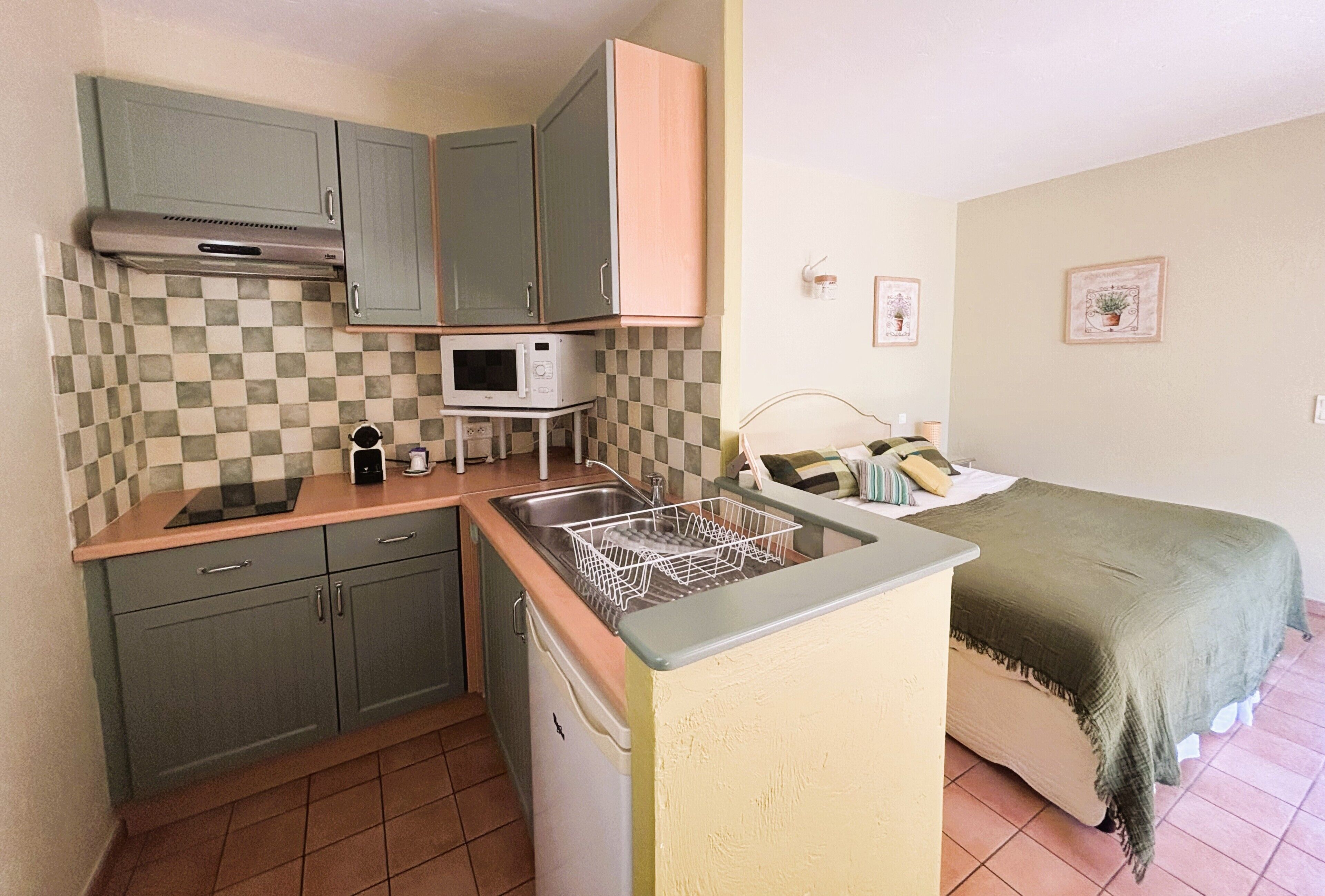 A compact kitchen with a microwave, sink, and dishwasher.