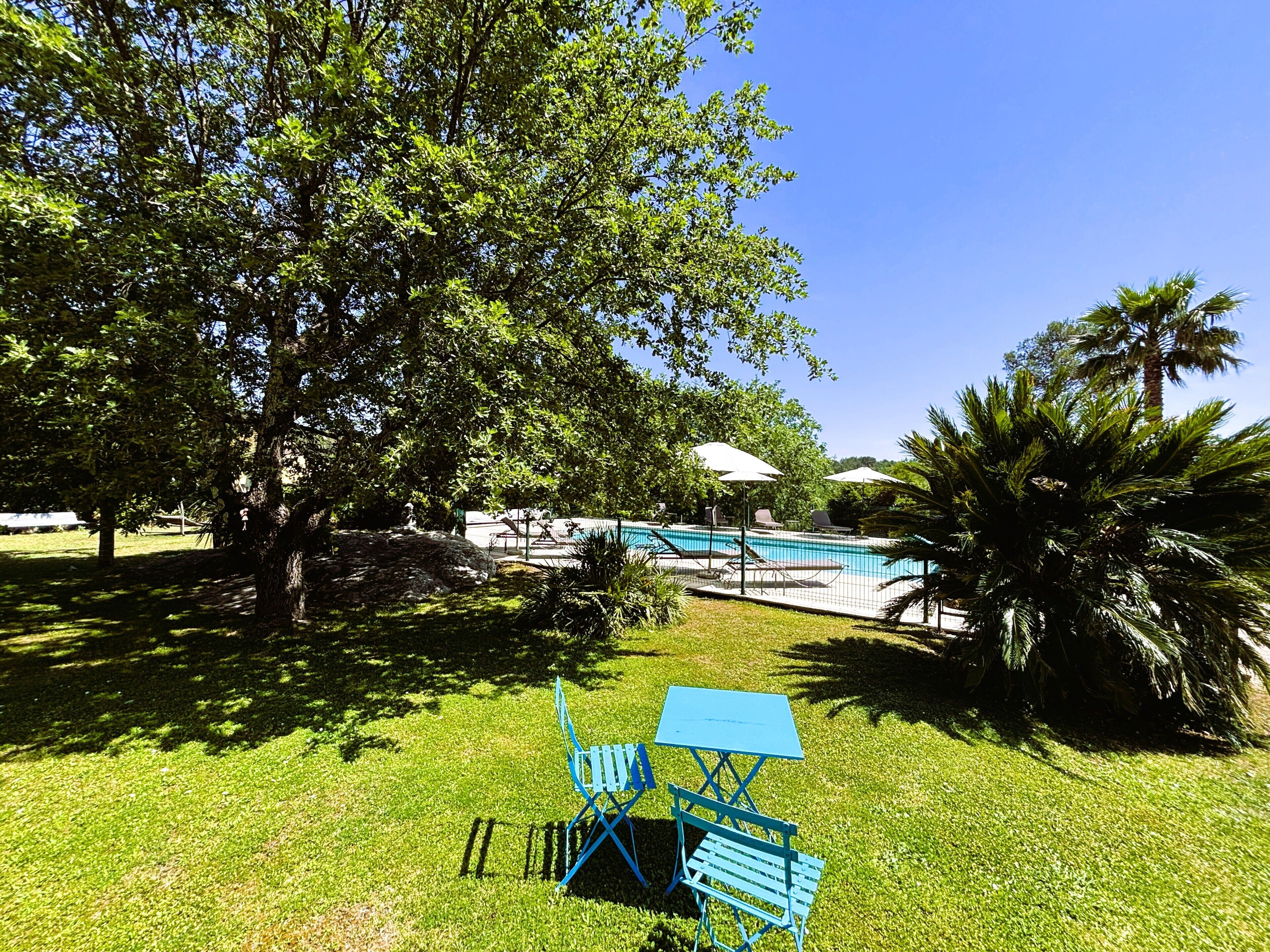 Un espace piscine avec une table et des chaises bleues, entouré d’arbres et sous un ciel dégagé.