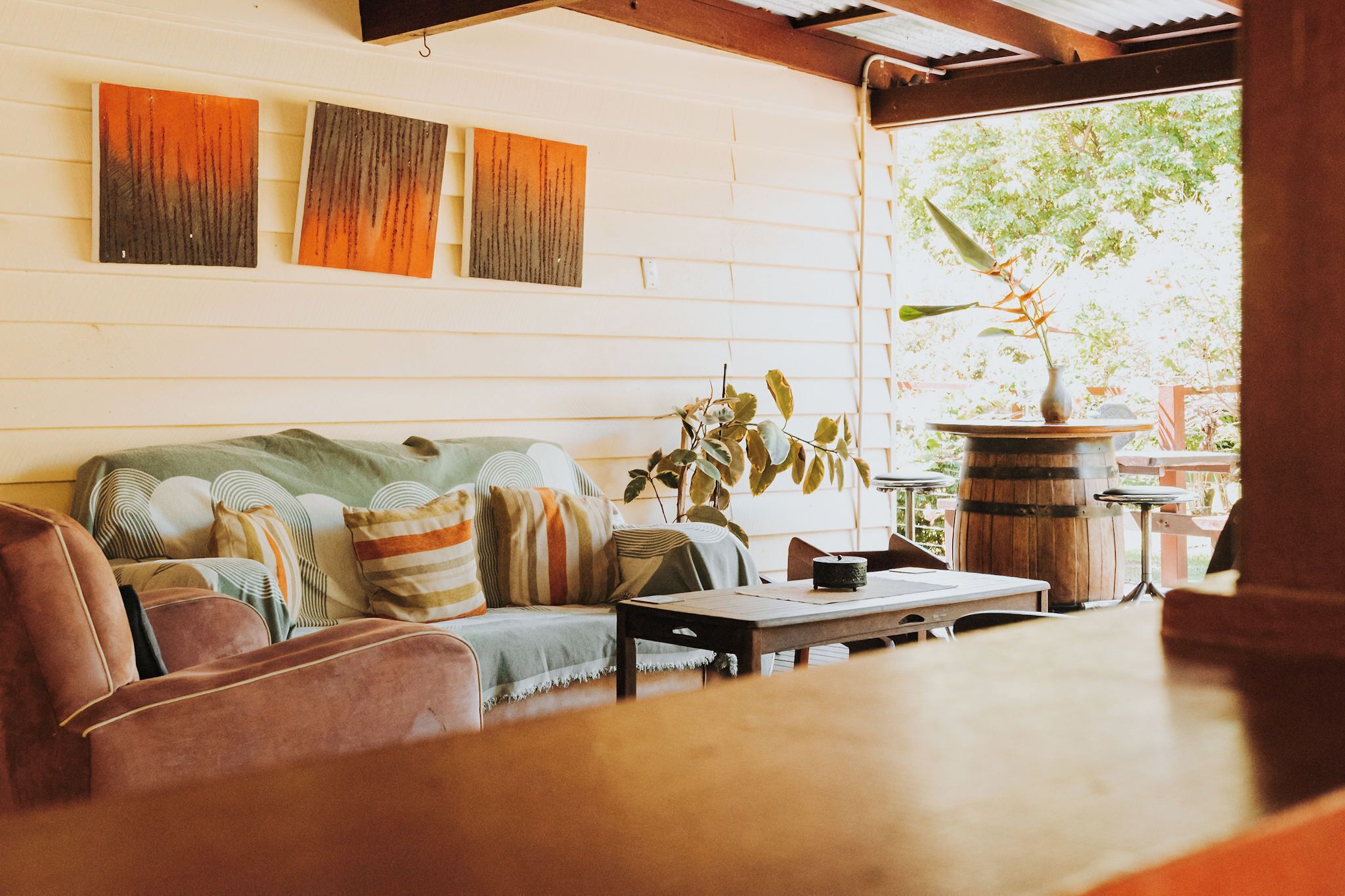 A cozy living room with a sofa, a coffee table, and a plant.