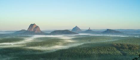 A forested landscape with prominent rock formations.
