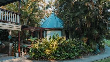 A small house with a blue roof, surrounded by lush tropical vegetation and a wooden deck.