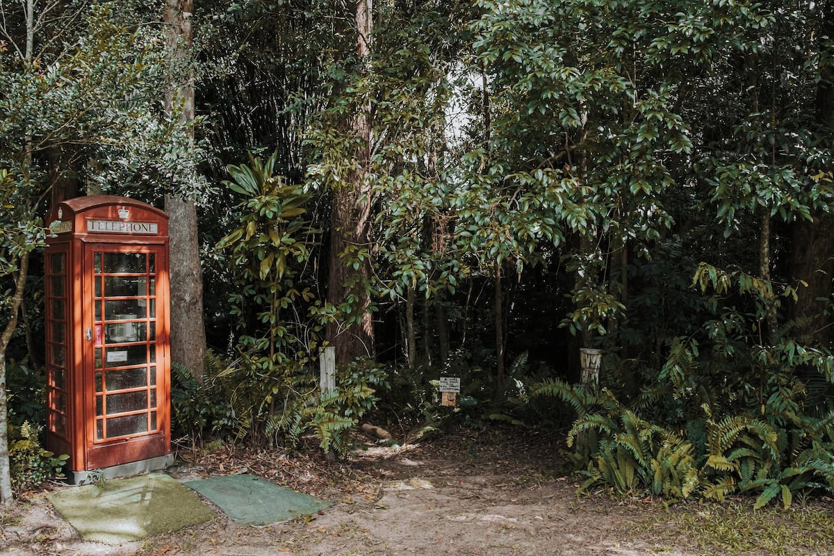 Une cabine téléphonique rouge située dans une zone boisée.