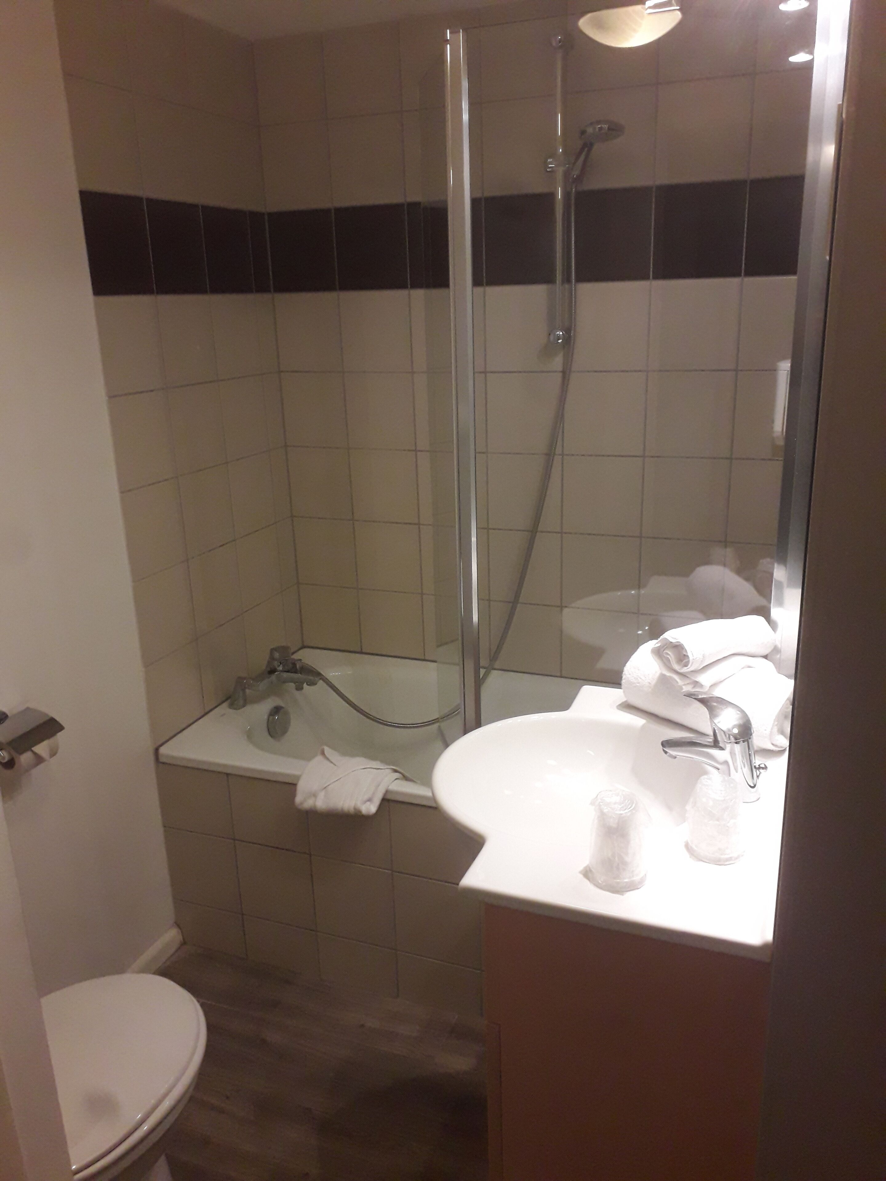 A bathroom with a glass-enclosed shower, a sink with a mirror, and a toilet.