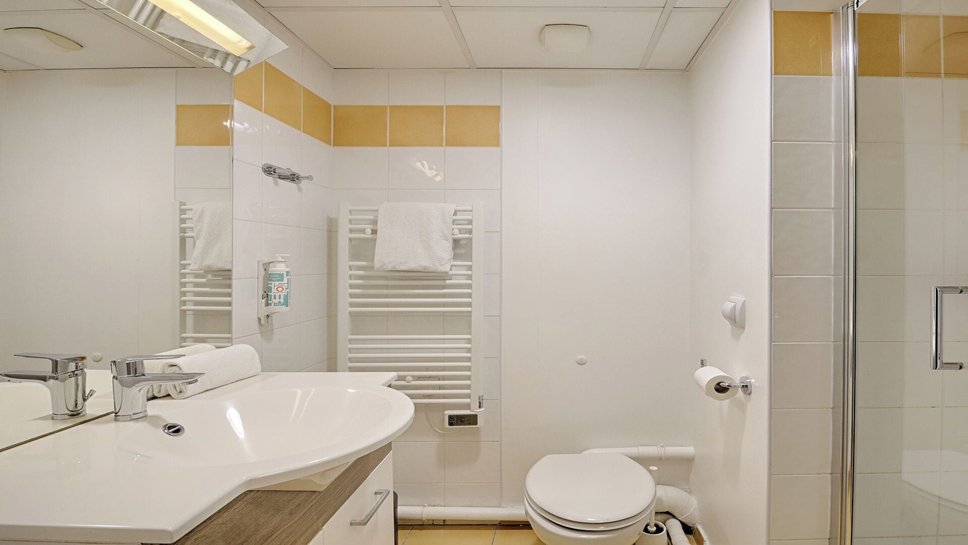Une salle de bain moderne avec un lavabo blanc, un miroir et des toilettes. On y trouve un porte-serviettes avec des serviettes, un espace douche et un porte-rouleau de papier toilette.